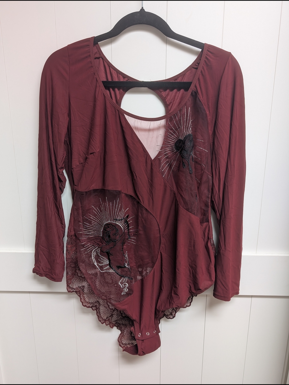 Thistle & Spire Plus Size Long Sleeve Burgundy Angel Bodysuit, 3X - Picture 2 of 7